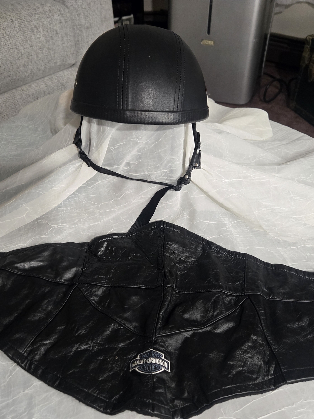 Harley-Davidson Black Leather Motorcycle Neck Gaitor Mask And Helmet